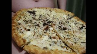 Big belly stuffing with pizza in red lingerie