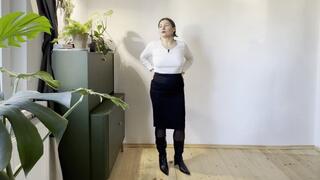 office girl standing in front of you in shiny pointed leather boots toe and heel tapping mg