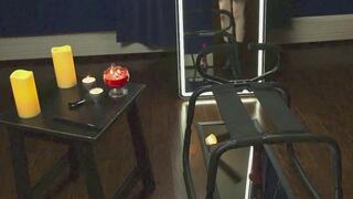 Lillithid rides anal dildo in front of a mirror in goth witchy outfit, pours wax on herself