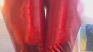 Farting in Tight Red Metallic Leggings