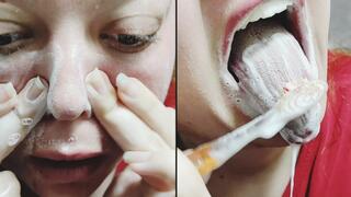 chubby girl washes her face and mouth