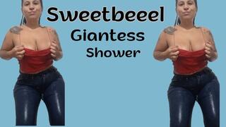Giantess in the shower with clothes