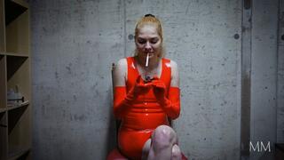 Smoking in red latex dress and gloves