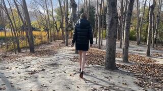 a girl in high heels was walking on the hills and her heels failed her, she fell and twisted her ankle, then with pain in her leg she fell again and twisted her knee