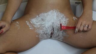 Shave your pussy with trimmer and razor with shaving foam close-up!
