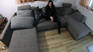 The nympho wife have cum on her Latex jumpsuit, high heels and fur-vest 246