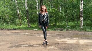 girl in high heels with open toes walks in the mud and gets her toes and heels dirty (reissue)