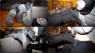 Boot domination dirty soles licking to clean with slave tongue, two boot worship and boot humiliation