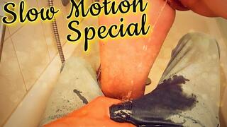 (POV) She piss on your hard cock in your tight jeans standing in front of you in the tub (silent slow motion special)