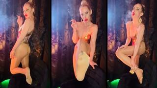 Chain Smoking marlboro Gold in Gold swimsuit & Nylons