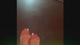 Really sexy legs with tiny feet with long toes in Red fishnet stocking
