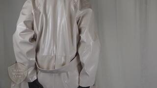 Classy Leather Lady poses in PVC coat, flexes with cane, gives instructions (ASMR)