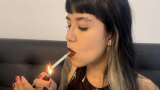 smoking cigarette in high heels and pantyhose