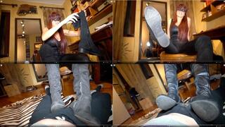 Boot domination and humiliation, ball stomping and clean her dirty boot soles with cock rubbish method