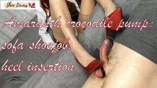 Amaranth crocodile pumps shoejob heel insertion on the sofa bgm