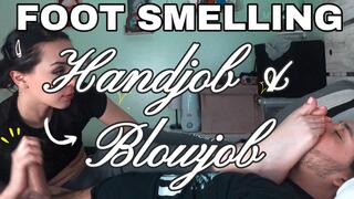 4k MFYT Sucks and hand strokes her man while he sniffs her feet Part 2 Sloppy Gawky Series