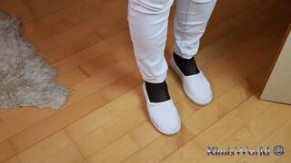 White Jeans, Black Reinforced Toe Stockings & White Espadrilles – Shoeplay & Dangling