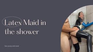 latex maid sex in the shower anal and pussy