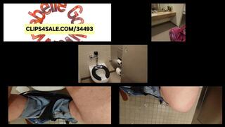 Public Pee Pee sitting on black toilet seat w Spitting on Floor