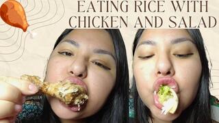 Eating rice with chicken and salad