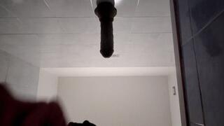 Giant black dildo on the wall and in my ass, shaved cock and rosebud with my fingers