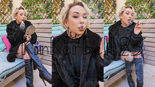 Double cigarette crush and applying lipstick outside in Leather and fur- Kinkerbell23
