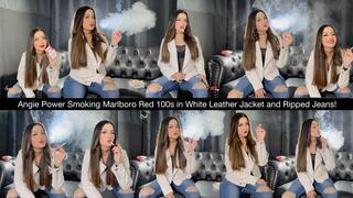 Angie Power Smoking Marlboro Red 100s in White Leather Jacket and Ripped Jeans!
