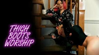 Lady Angela male submissive wirshipping thingh high boots pvc boots hells sucking heels licking MILF