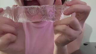 My stepsister ordered a dildo and she unwraps it and then tests it with her pussy and mouth in JOI