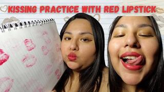 Kissing practice with red lipstick