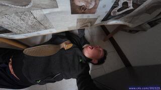Boot worship and dirty soles lick under table