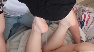 My slave gagging so deeply on my feet