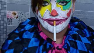 smoking clown girl poping balloons with cigarette