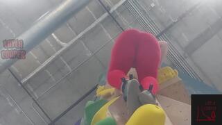 Giantess Layla climbs in red leggings 2
